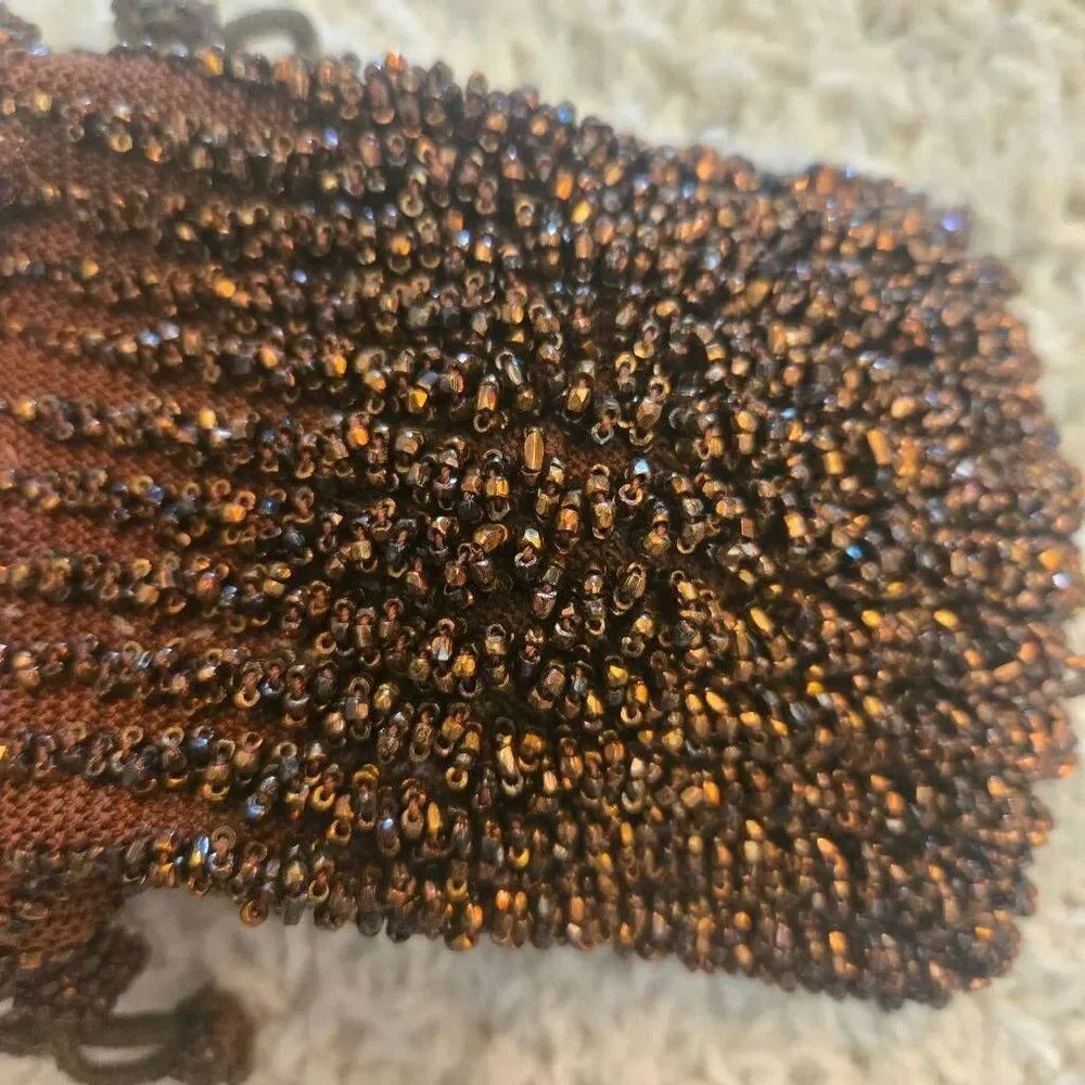 Antique Bronze Brown Bead Flapper Bag Drawstring Purse Pouch